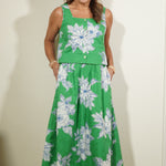 Emerald floral eyelet crop top and maxi skirt set with blue and white botanical print, women's resort wear