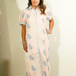 Entro botanical block print maxi dress in blush pink with blue leaf print, puff short sleeves, striped collar, and button-front closure