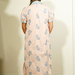 Entro women's blush pink botanical maxi shirtdress with blue block print leaf motif, puff sleeves, and striped cuff and collar trim