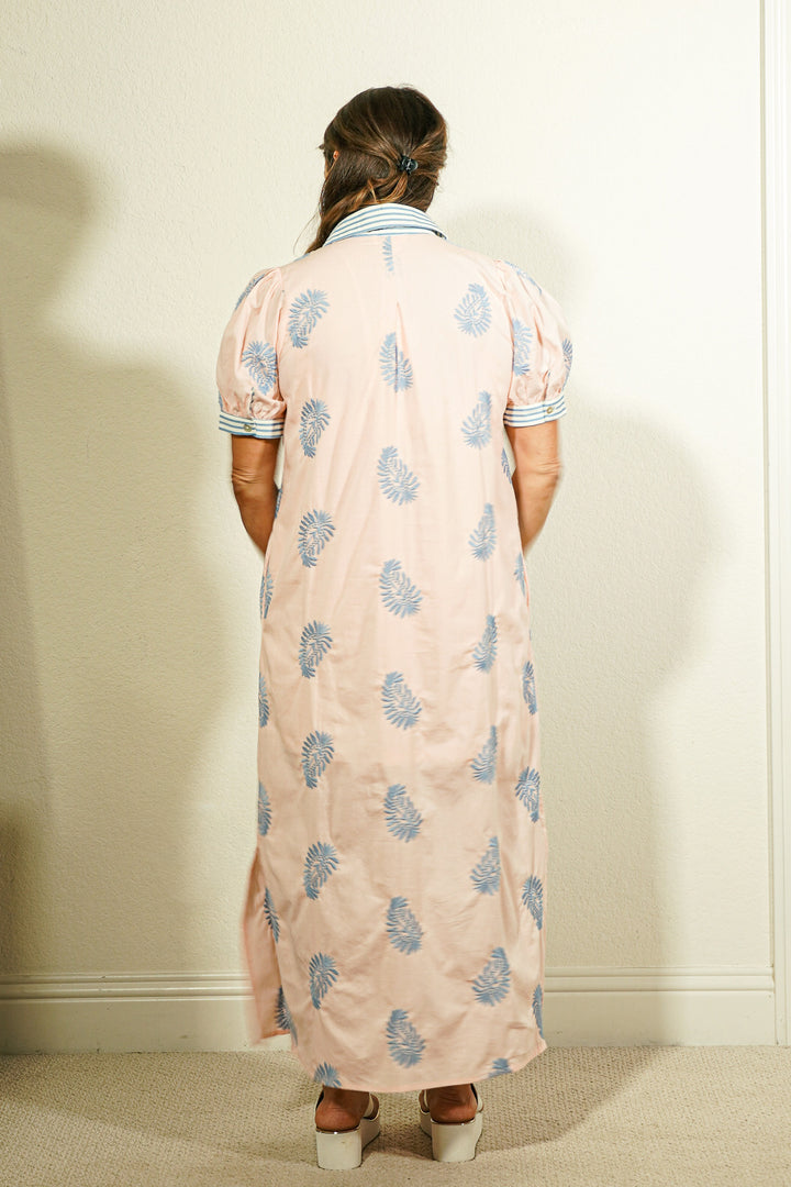 Entro women's blush pink botanical maxi shirtdress with blue block print leaf motif, puff sleeves, and striped cuff and collar trim