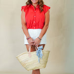 Entro Red Cotton Bubble Hem Button-Down Top blouses — close-up