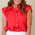 Entro Red Cotton Bubble Hem Button-Down Top blouses — front view