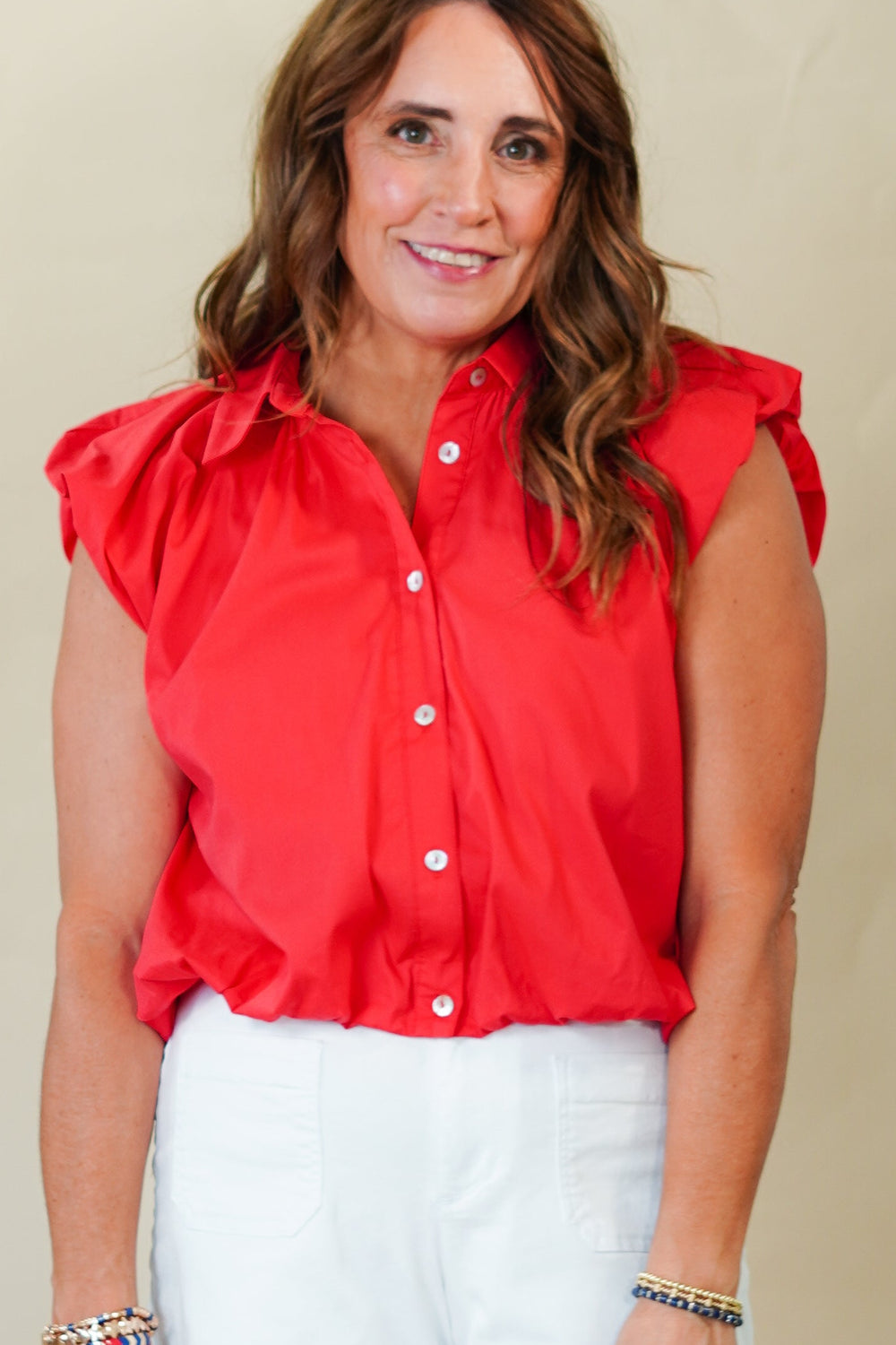 Entro Red Cotton Bubble Hem Button-Down Top blouses — front view