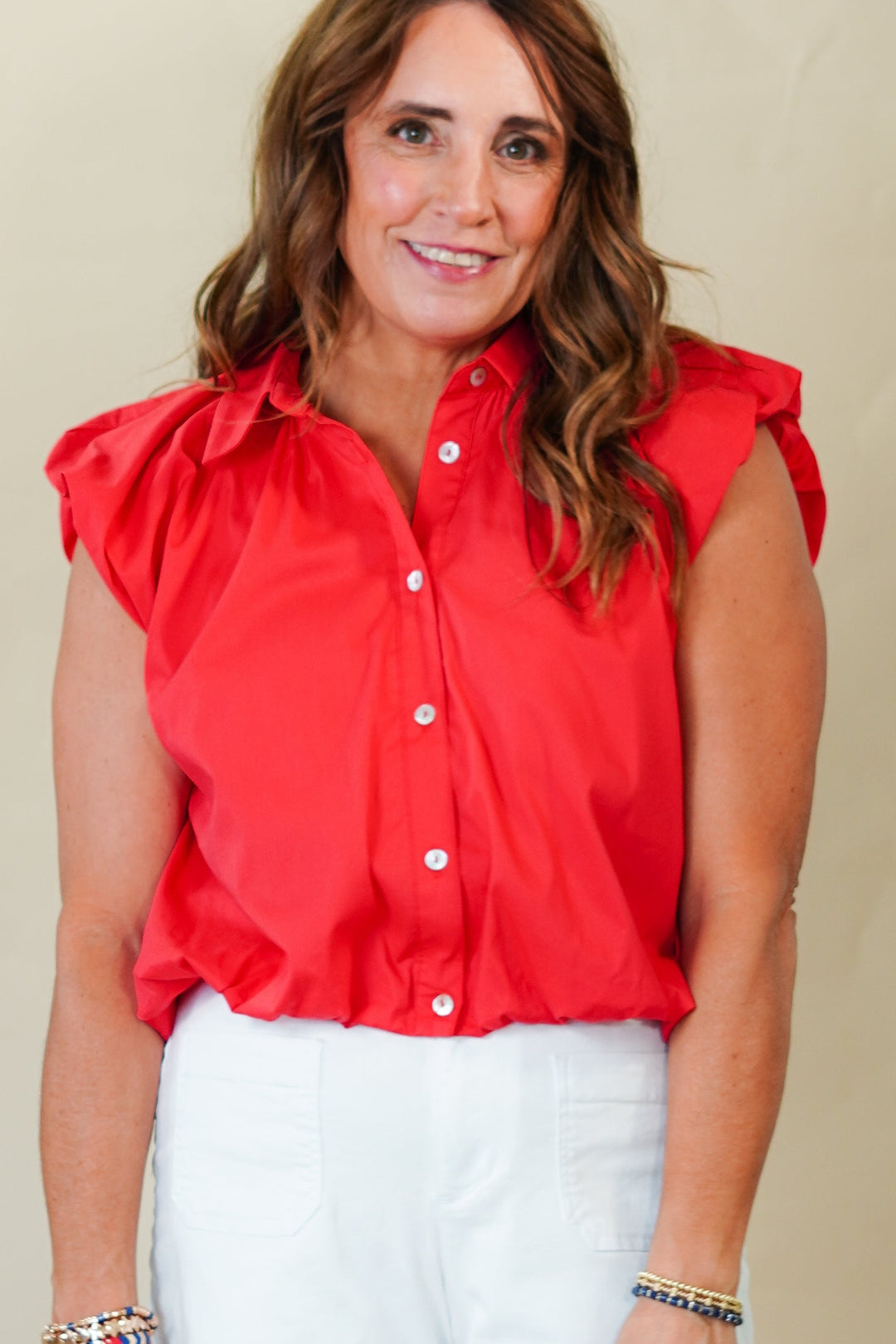 Entro Red Cotton Bubble Hem Button-Down Top blouses — front view