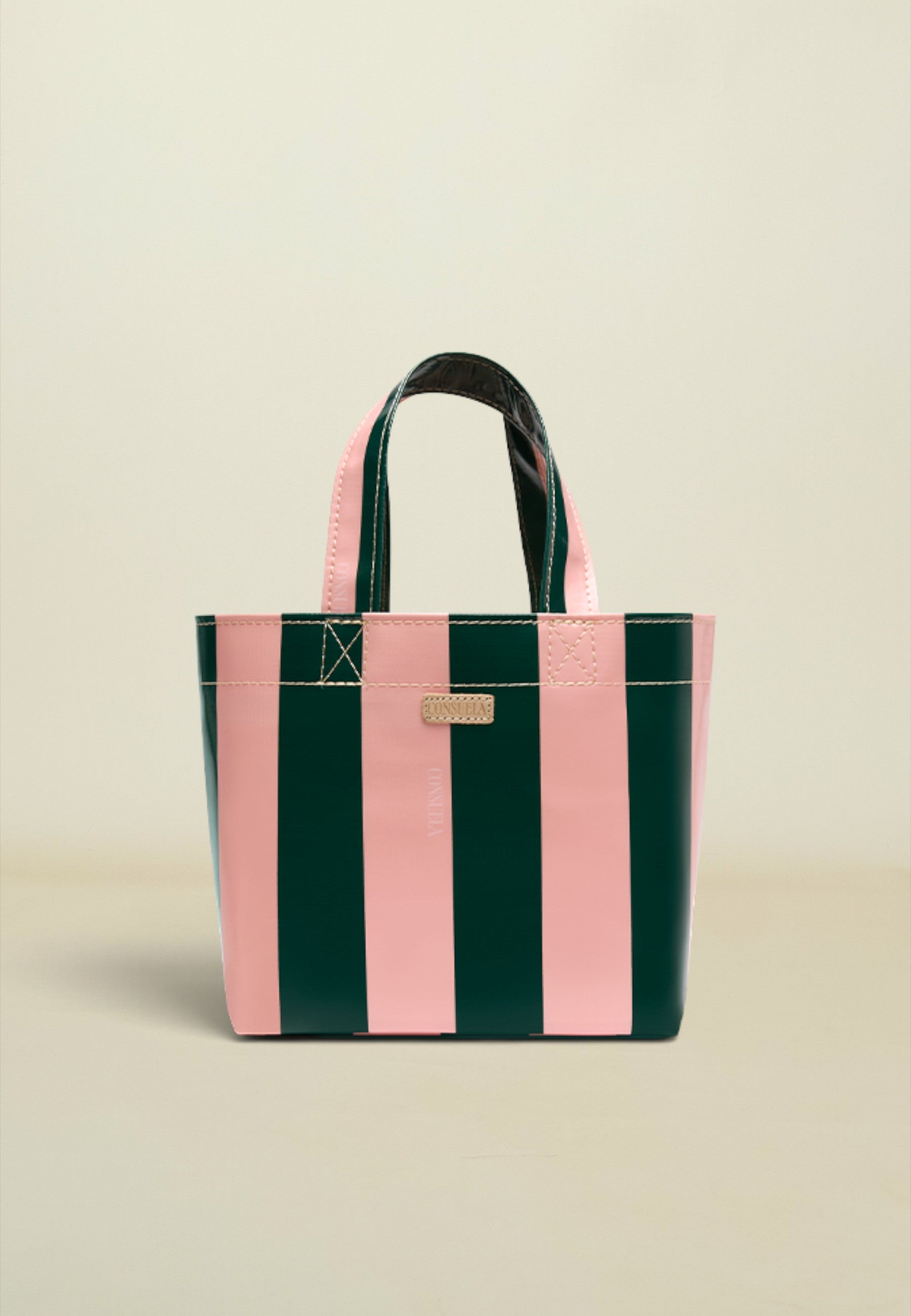 A structured tote bag with vertical pink and dark green stripes, featuring dark green handles and a small gold-tone metal plaque on the front.