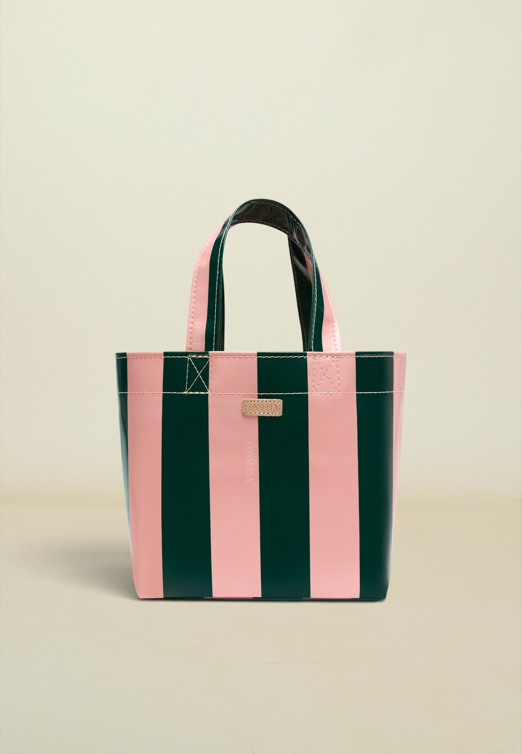 A structured tote bag with vertical pink and dark green stripes, featuring dual top handles and a small gold-tone metal plaque on the front, set against a solid light beige background.