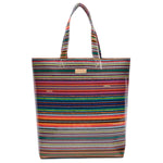 Multicolored striped tote bag on a white background