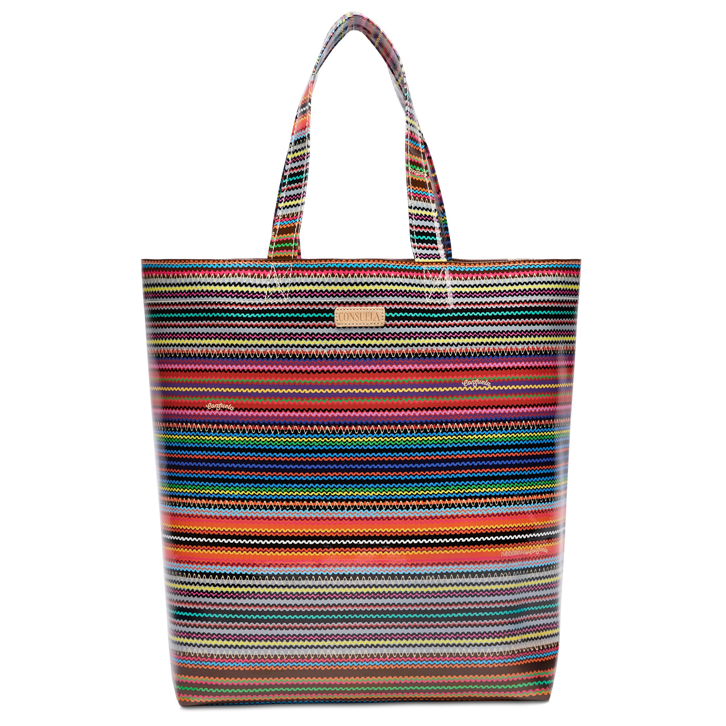 Multicolored striped tote bag on a white background