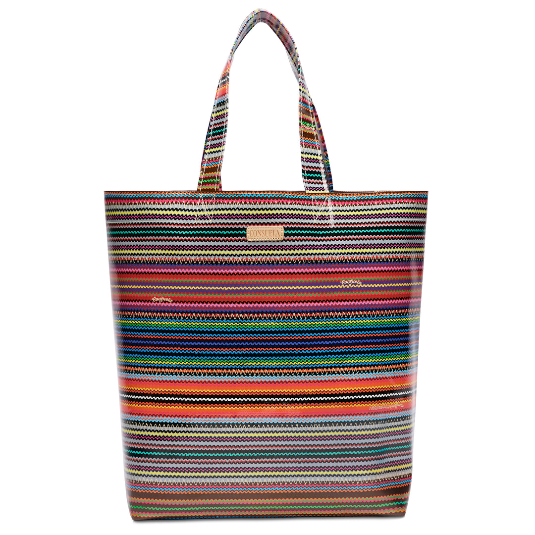 Multicolored striped tote bag on a white background