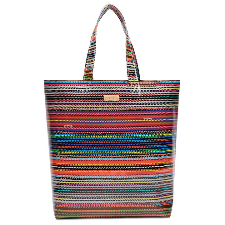 Multicolored striped tote bag on a white background