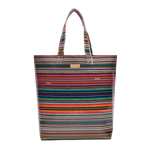 Multicolored striped tote bag on a white background