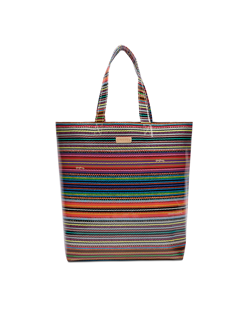 Multicolored striped tote bag on a white background