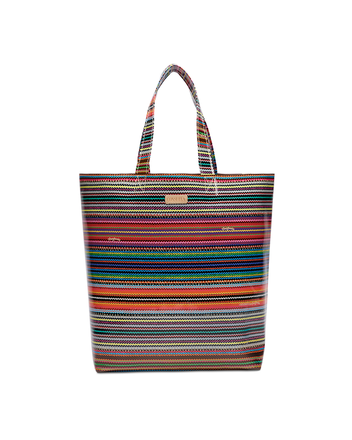 Multicolored striped tote bag on a white background