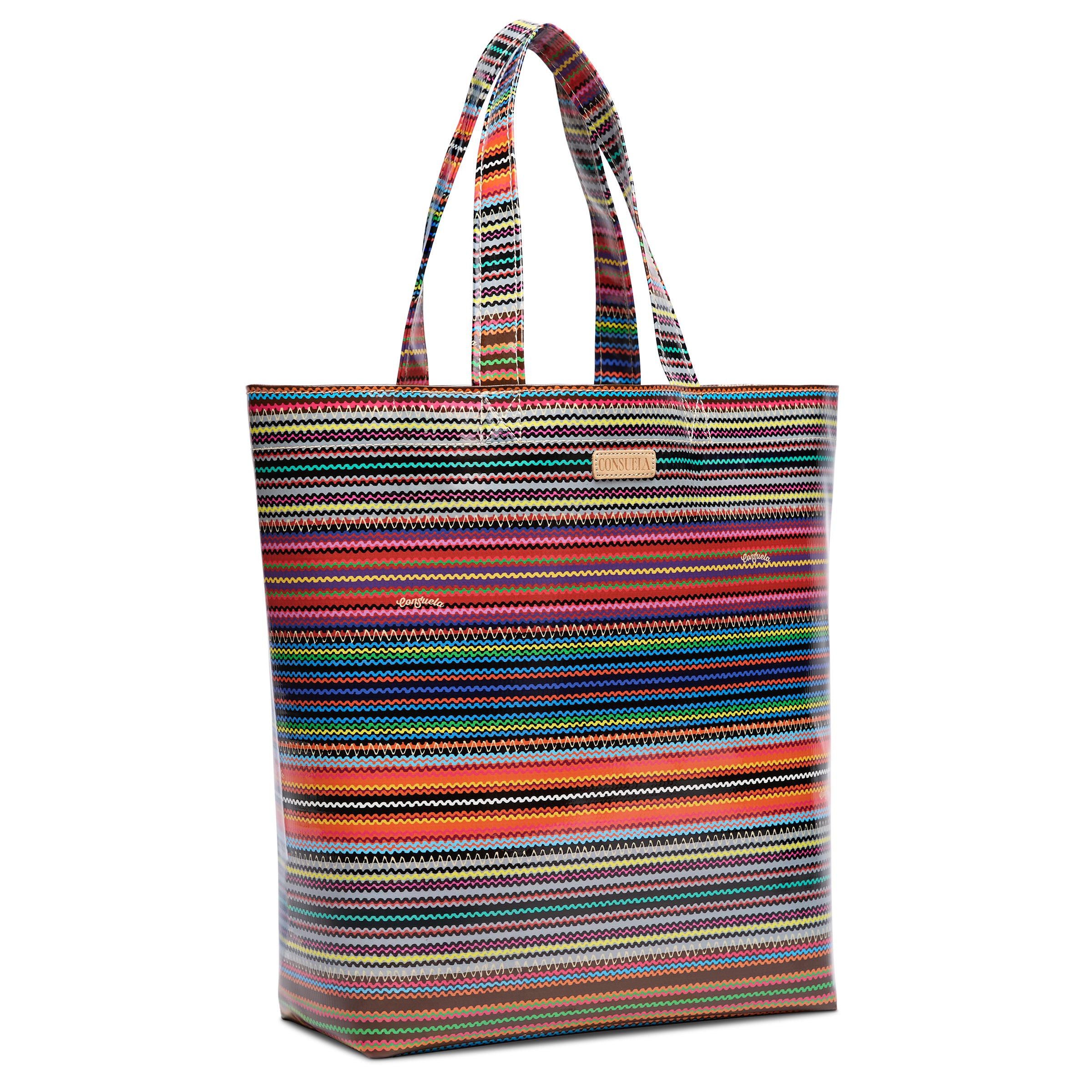 Multicolored striped tote bag on a white background