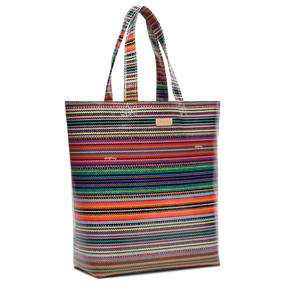 Multicolored striped tote bag on a white background