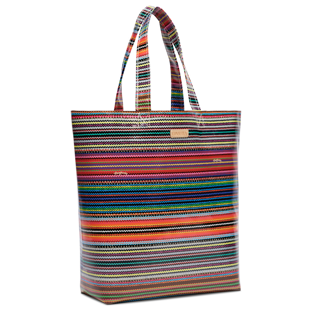 Multicolored striped tote bag on a white background
