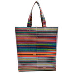 Multicolored striped tote bag on a white background