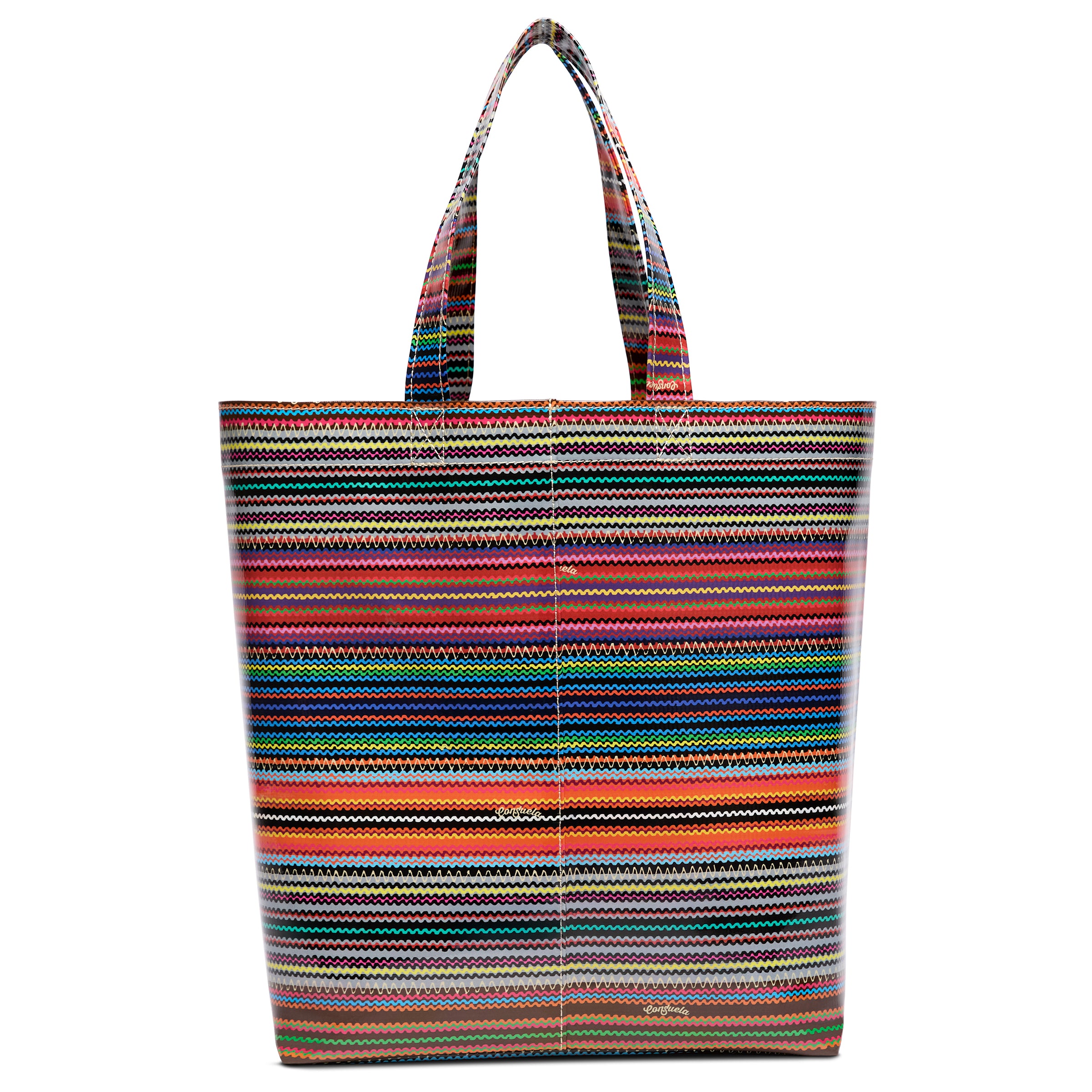 Multicolored striped tote bag on a white background