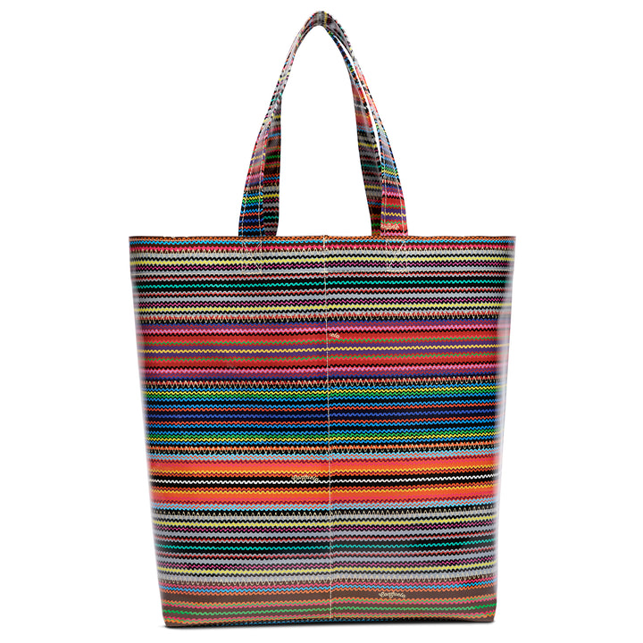Multicolored striped tote bag on a white background