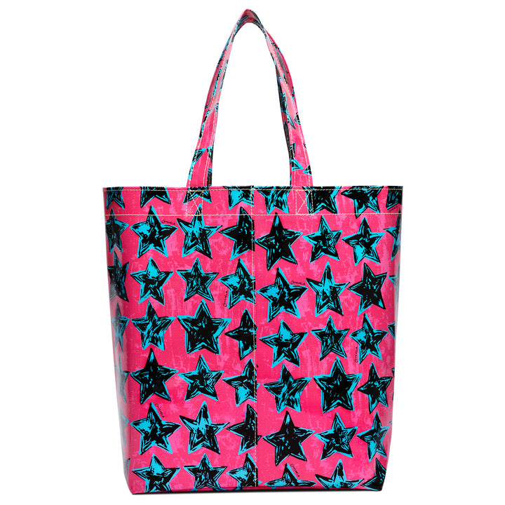 Tote bag with black star pattern on pink background