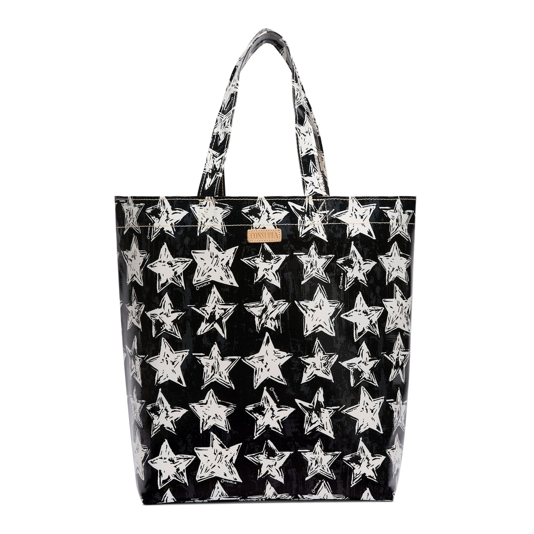 Black tote bag with white star pattern on a white background