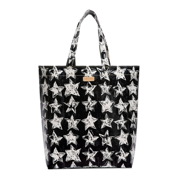 Black tote bag with white star pattern on a white background