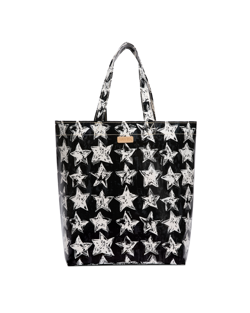 Black tote bag with white star pattern on a white background