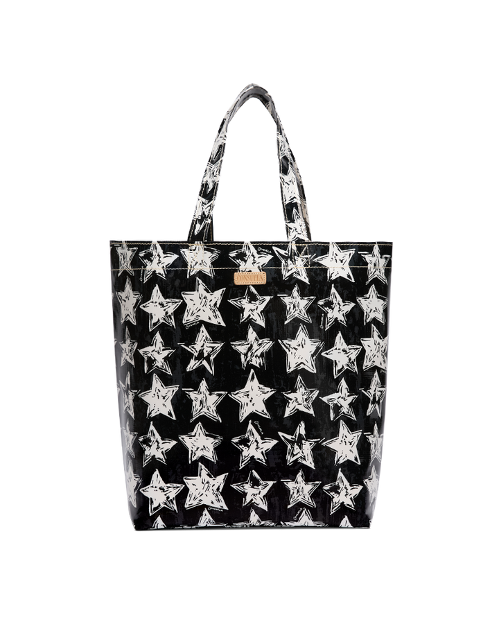 Black tote bag with white star pattern on a white background