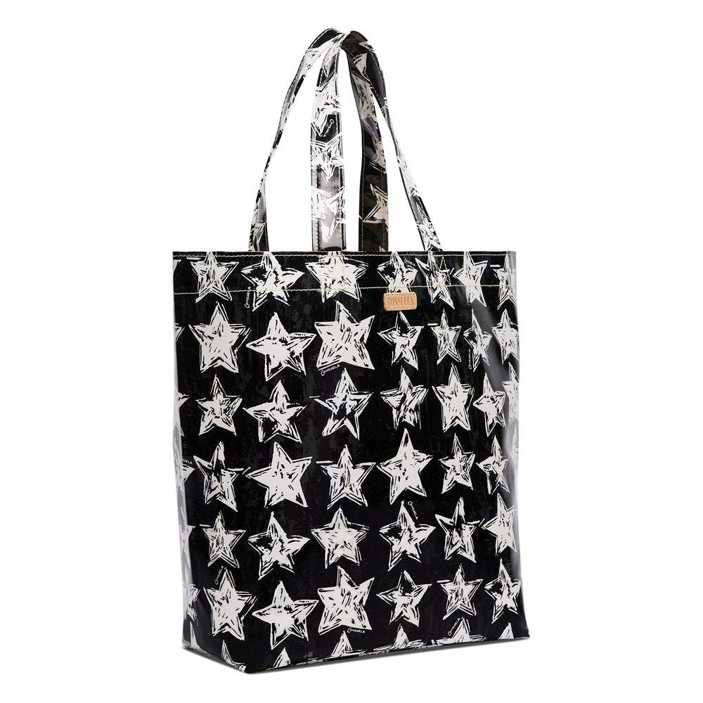 Black tote bag with white star pattern on a white background