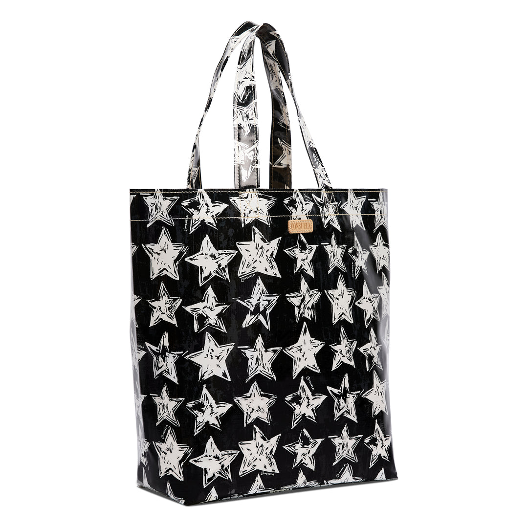 Black tote bag with white star pattern on a white background