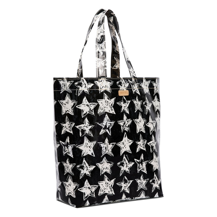 Black tote bag with white star pattern on a white background