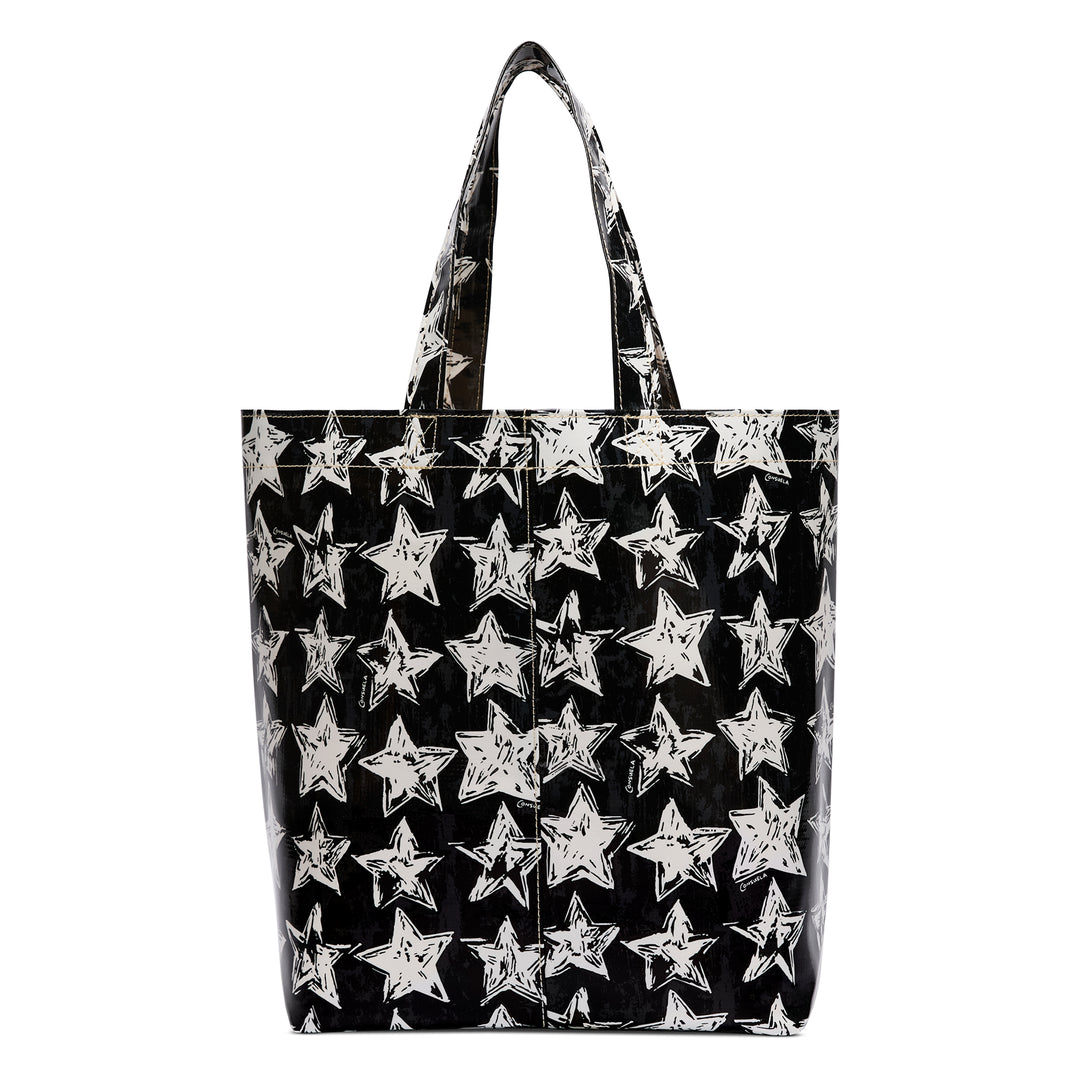 Black tote bag with white star pattern on a white background