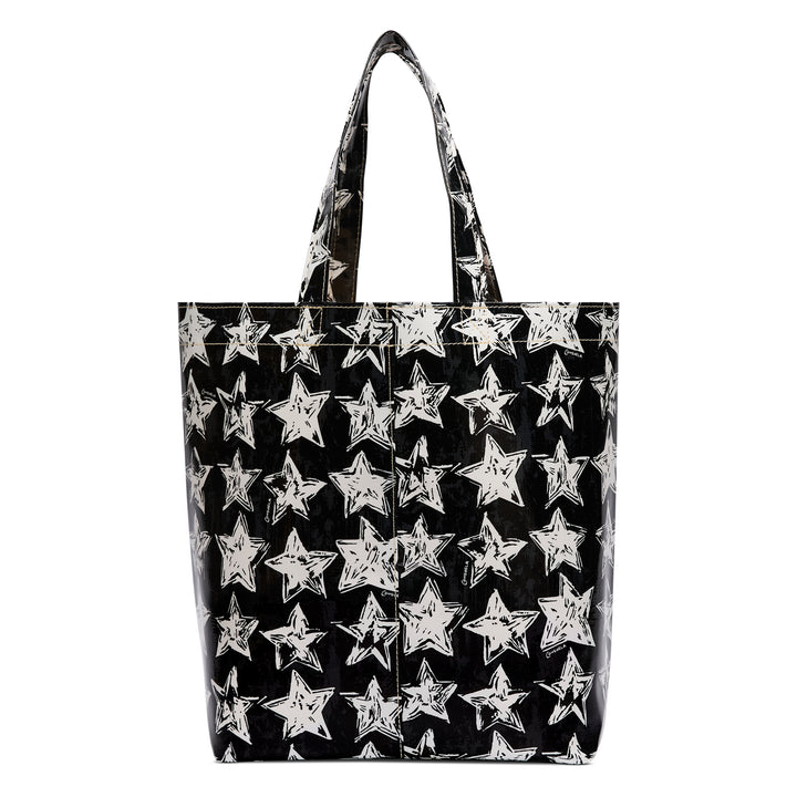 Black tote bag with white star pattern on a white background