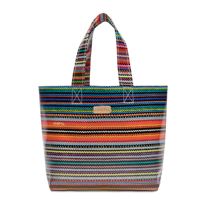 Multicolored striped tote bag on a white background