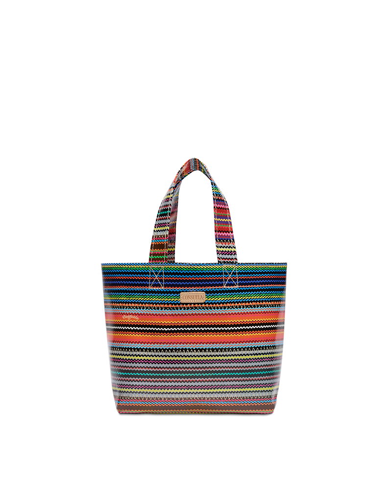 Multicolored striped tote bag on a white background