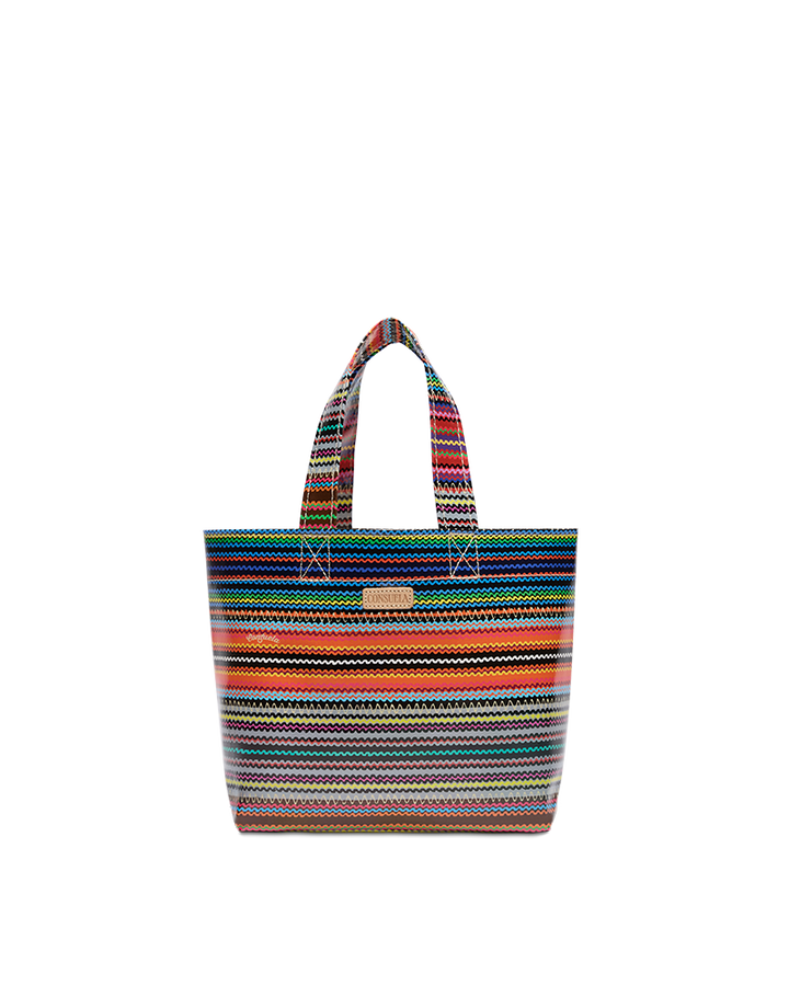 Multicolored striped tote bag on a white background