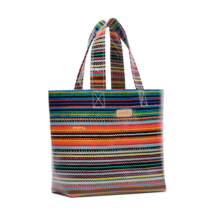 Multicolored striped tote bag on a white background