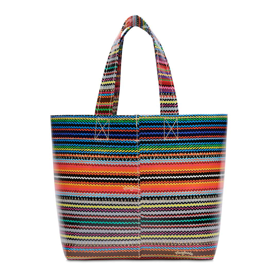Multicolored striped tote bag on a white background