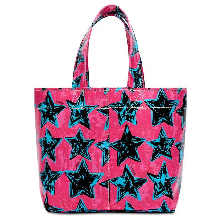 Tote bag with black star pattern on a pink background
