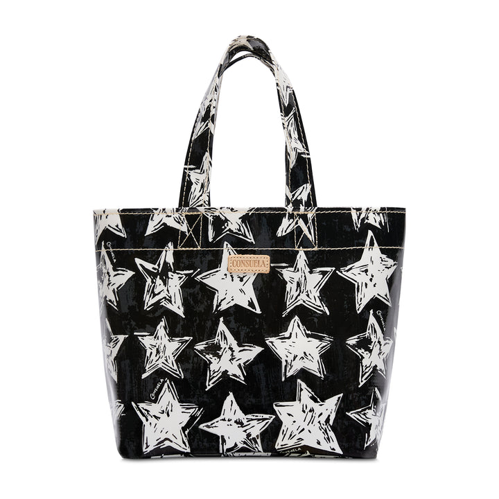 Black tote bag with white star pattern on a white background