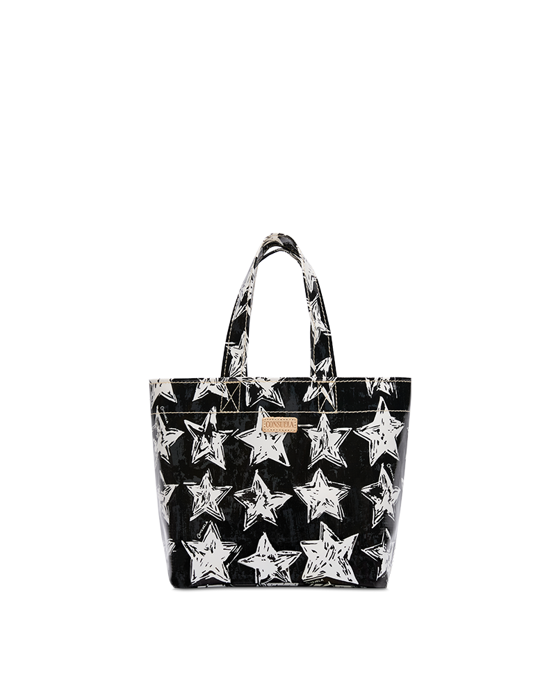 Black tote bag with white star pattern on a white background