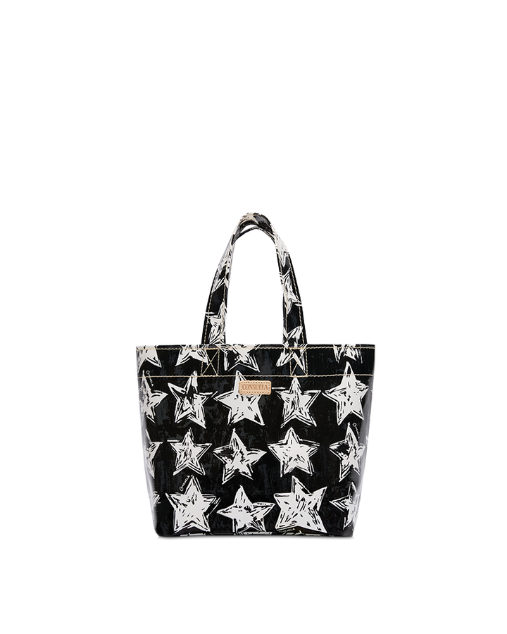 Black tote bag with white star pattern on a white background