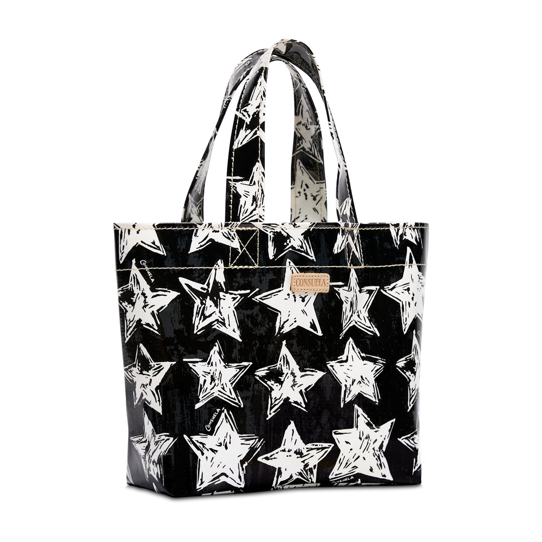 Black tote bag with white star pattern on a white background