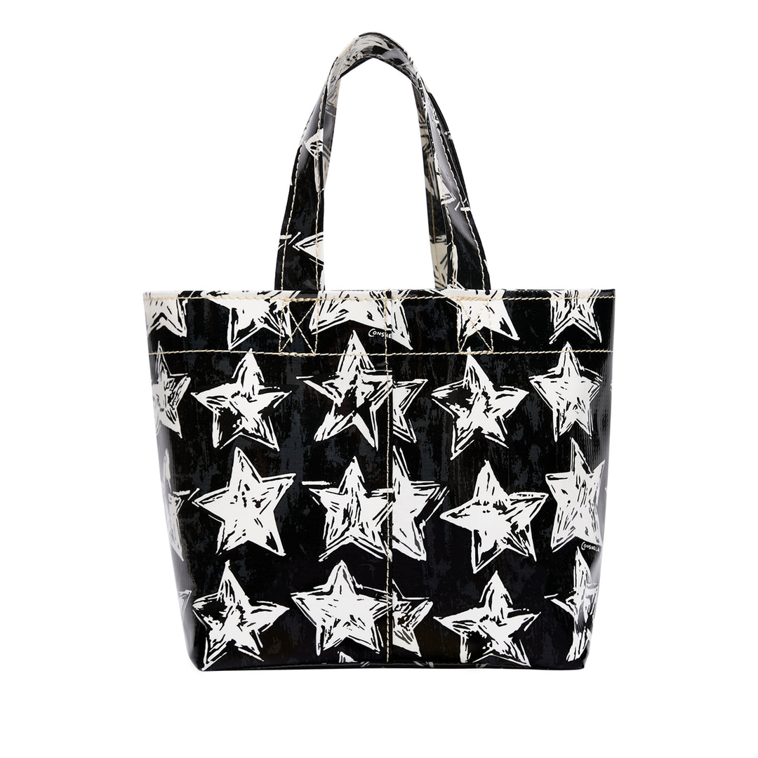 Black tote bag with white star pattern on a white background