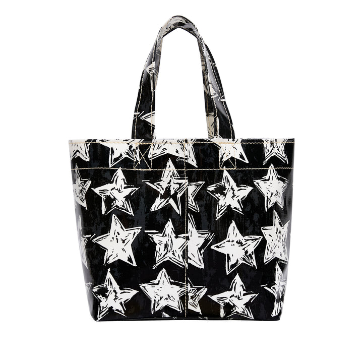Black tote bag with white star pattern on a white background