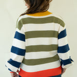 A woman viewed from behind wearing a striped knit sweater with navy blue, olive green, white, and orange horizontal bands, paired with dark blue jeans against a plain off-white studio background.
