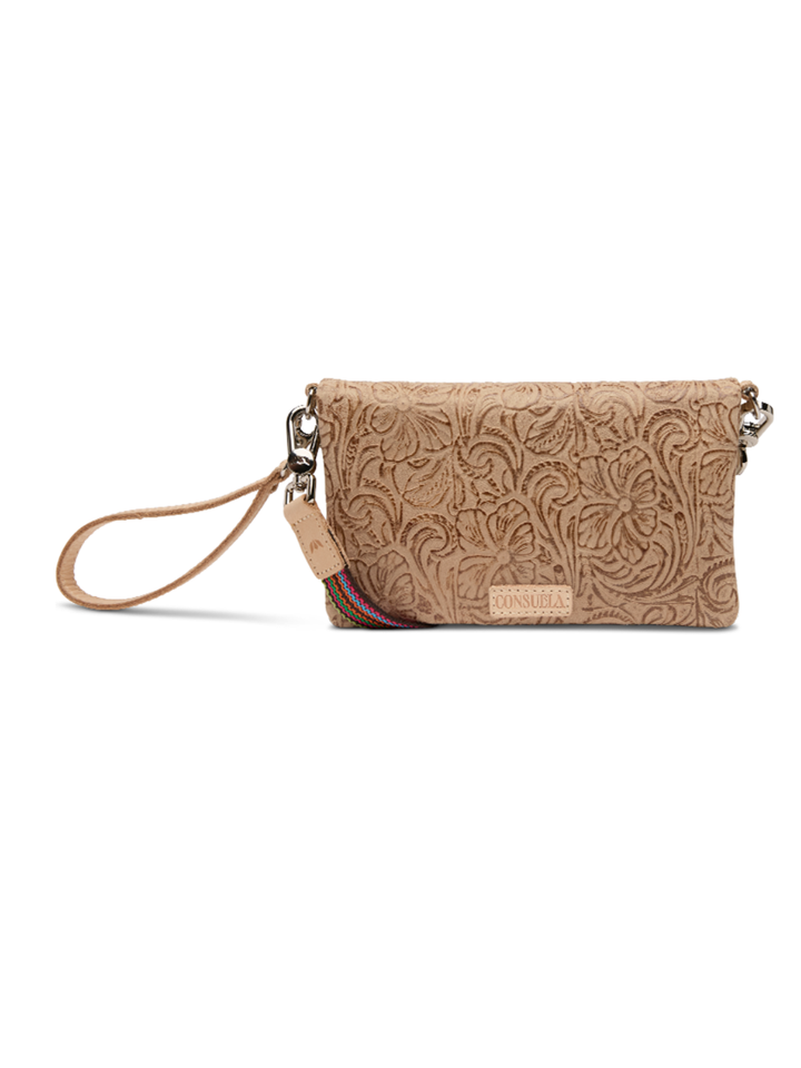 Beige patterned clutch bag with a strap on a white background