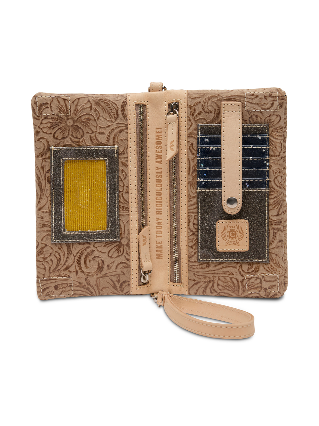Cork wallet with floral pattern and detachable strap on a white background