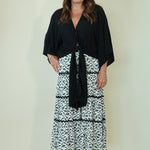 Lucia Leaf Print Tiered Skirt with tie fron top on model