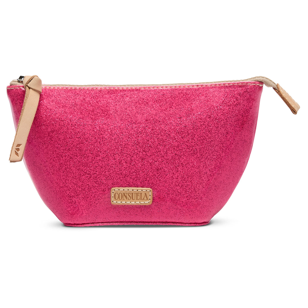 Pink pouch with beige zipper and visible brand logo on a white background